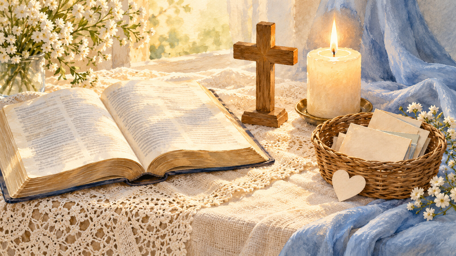 Modlitby matiek – Biblia, kríž, sviečka a košík s modlitbovými úmyslami